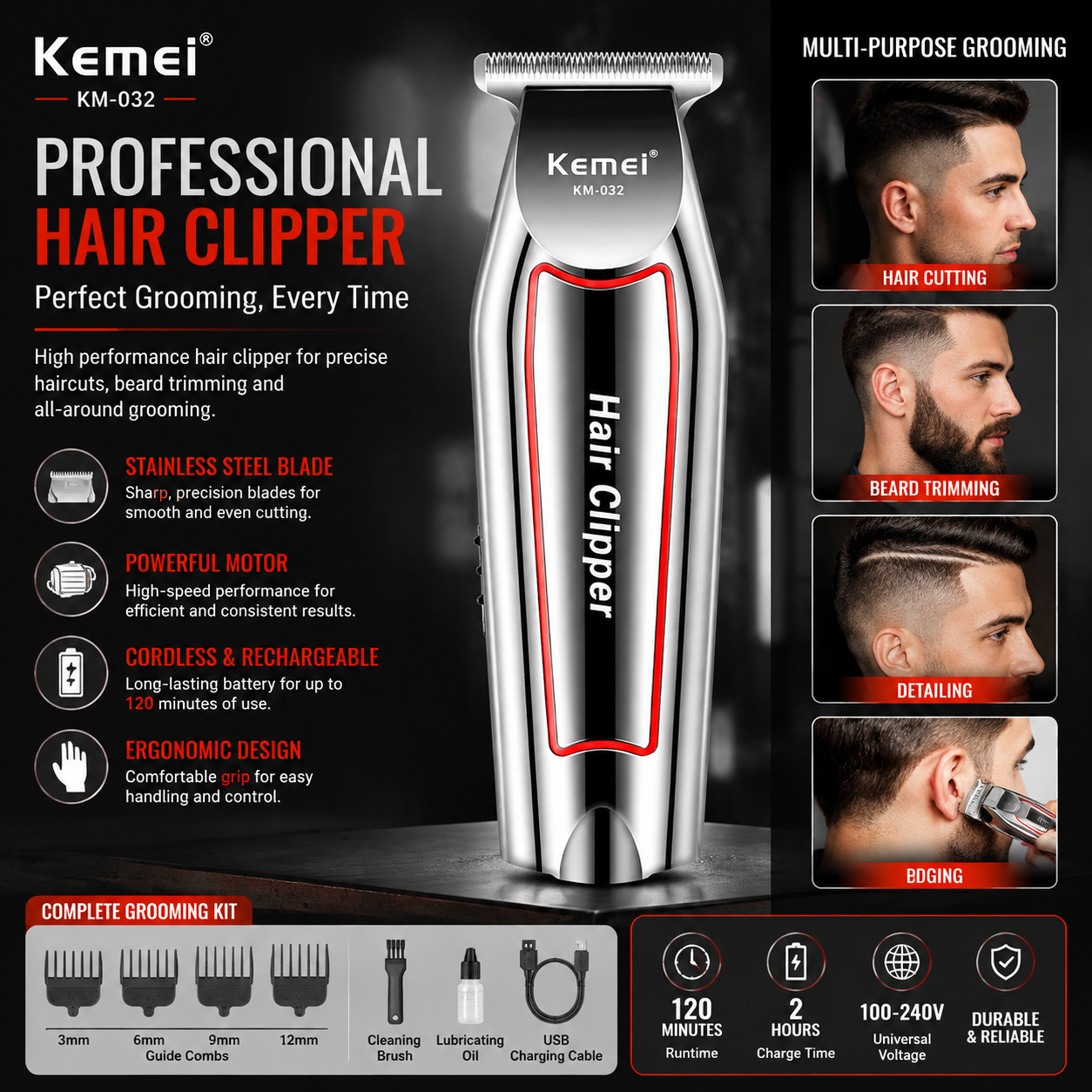 Professional Men’s Haircut Grooming Kit – Electric Beard Trimmer & Hair Clipper with Stainless Steel Blades
